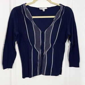 CAbi Textured White Stripe Detail Ribbed Knit 3/4 Sleeve Cardigan Navy XS